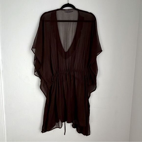 Vintage Women’s 2X Sheer Brown Caftan‎ Cover-Up Tunic Top Gold Embellished Trim - Picture 2 of 14